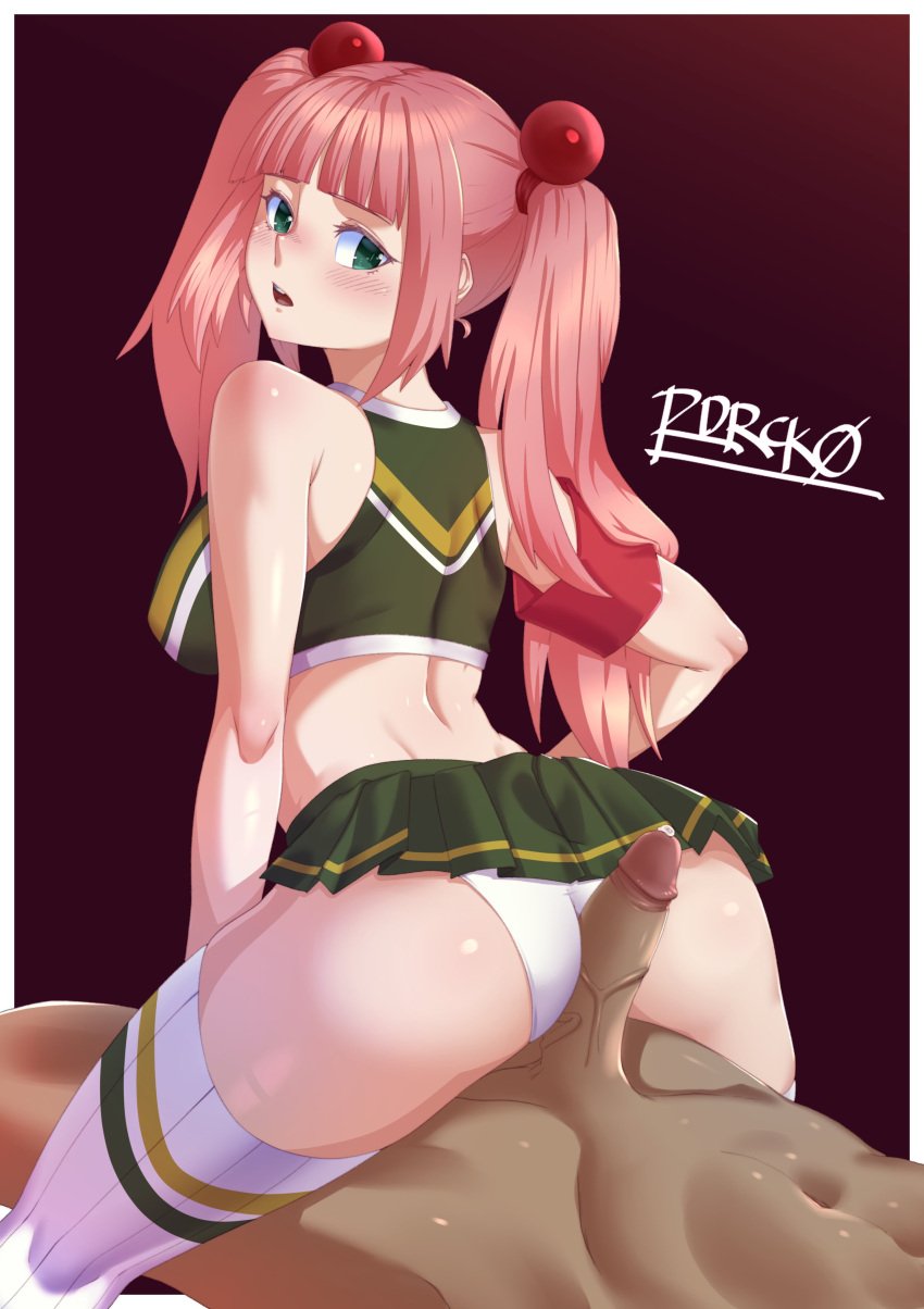 1boy 1girls 2021 ass blush buttjob cheerleader cheerleader_uniform clothed_female_nude_male faceless_male green_eyes large_breasts looking_back metal_slug metal_slug_attack nova_(metal_slug) panties papuricorick penis pink_hair snk summer thighhighs twintails white_panties