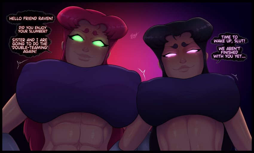 2futas blackfire breasts cartoon_network crop_top dc dc_comics dominant dominant_female dominant_futanari english_text female_pov futa_only futanari glowing_eyes huge_breasts implied_futanari implied_rape implied_sex implied_spitroast quinn935 source_request starfire submissive_female submissive_pov tagme taker_pov teen_titans text tight_clothing toonami