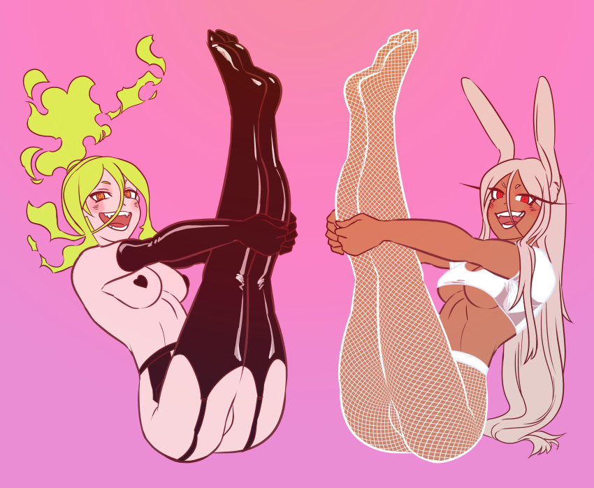 2girls aprilpoke ass bunny burnin_(my_hero_academia) clothed garter_straps grin heart_pasties kamiji_moe legs_up lingerie looking_at_viewer miruko moe_kamiji my_hero_academia pantyhose pink_background pinup pose rumi_usagiyama sitting syzygystagy usagiyama_rumi