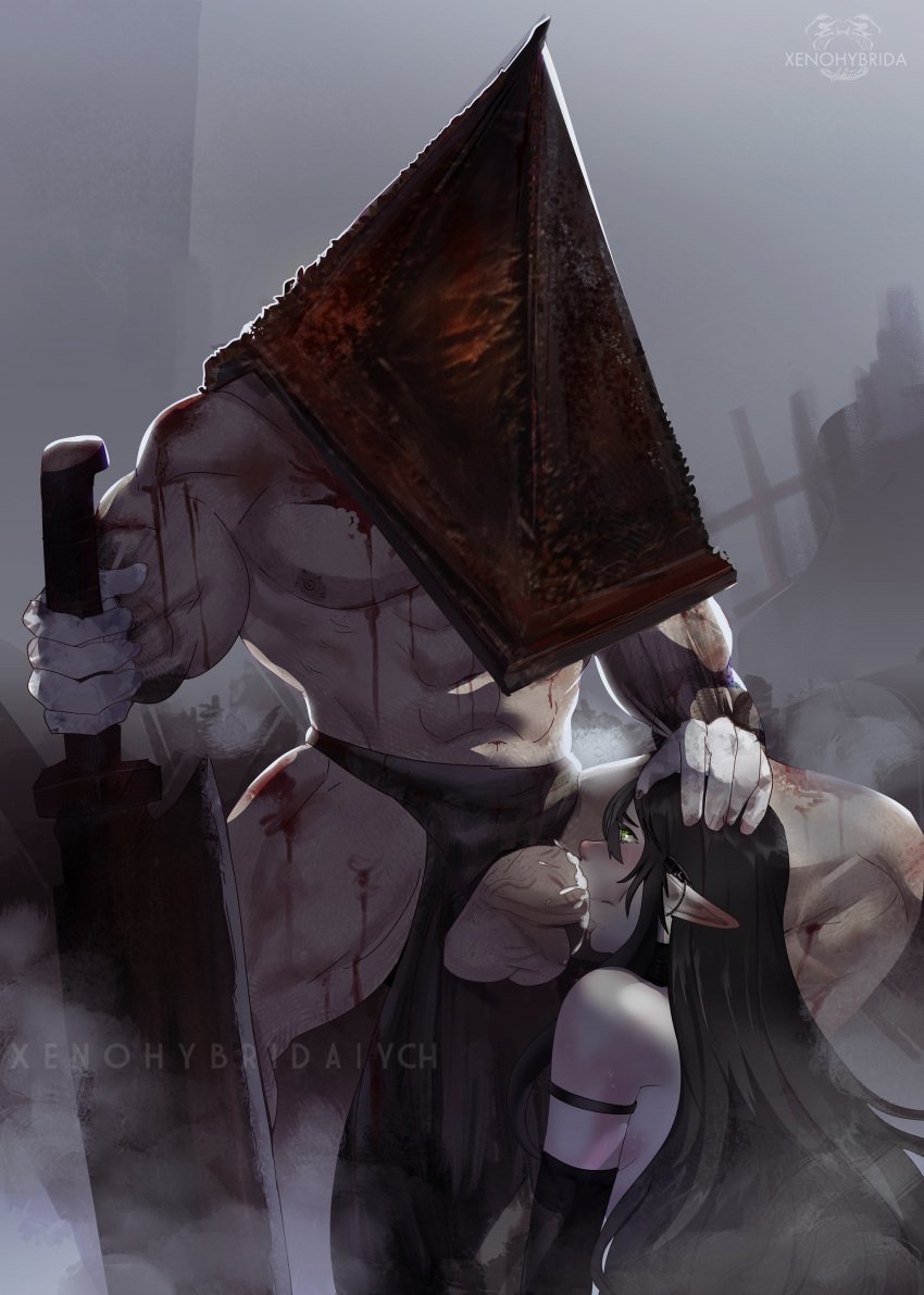 blowjob cum_in_mouth gagging goth hand_on_head indie_virtual_youtuber layna_lazar pointy_ears pyramid_head silent_hill_2 virtual_youtuber xenohybrida