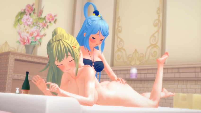 2girls 3d aqua_(konosuba) bikini blonde_hair darkness_(konosuba) female female_only koikatsu kono_subarashii_sekai_ni_shukufuku_wo! massage massaging_ass multiple_girls muscle_girl nude_female tenguyurilove toned_body yuri