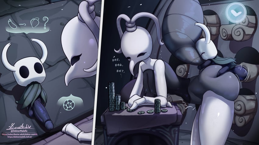 1boy 1girls background backsack belly_bulge big_ass big_balls big_butt big_penis bigger_female black_body black_eyes bug bug_girl color colored doktor_malefic emotionless_sex female hollow_knight implied_penetration implied_sex iselda_(hollow_knight) male money motion_lines panels protagonist_(hollow_knight) small_breasts small_but_hung small_dom_big_sub smaller_male speech_bubble text the_knight_(hollow_knight)