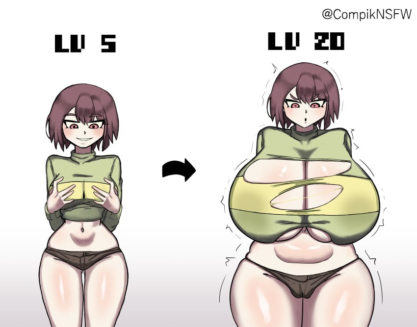 1girls 2d 2d_(artwork) big_breasts blush breast_expansion brown_hair chara compik curvy curvy_body curvy_female digital_media_(artwork) female female_focus growth_sequence holding_breast hourglass_figure huge_breasts hyper_breasts inflation light-skinned_female light_skin red_eyes ripped_clothes ripped_clothing ripping_clothing short_hair solo teenager thick_thighs undertale undertale_(series) wardrobe_malfunction wide_hips