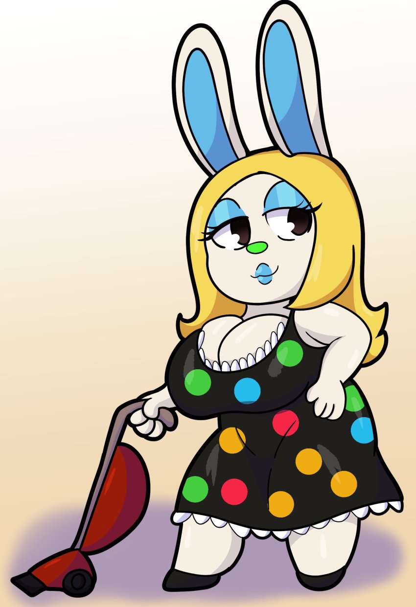 american_dad animal_crossing big_breasts blonde_hair blue_lipstick bunny bunny_girl clothed francine_(animal_crossing) francine_smith furry milf pokadots someth1ngoranother vacuum_cleaner white_body white_fur