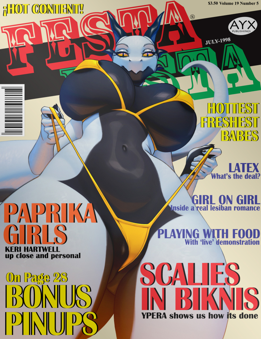 2024 5_fingers anthro areola bikini black_body black_markings black_scales blue_sky breast_squeeze breasts camel_toe clothing cover digital_media_(artwork) dragon english_text feet female fingers glistening glistening_body hand_on_clothing hi_res horn looking_at_viewer looking_down magazine magazine_cover markings micro_bikini mythological_creature mythological_scalie mythology nipple_outline nipples non-mammal_breasts pose reptile scales scalie sky smiju solo squeezing swimwear tail text toes two-piece_swimsuit wedgie white_body white_scales yellow_clothing yellow_eyes ypera_(ayx)