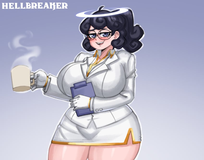 absurd_res angel_girl blue_eyes blush business_suit child_bearing_hips coffee coffee_mug commission curly_hair digital_media digital_media_(artwork) doocen female glasses halo helltaker huge_breasts pandemonica_(helltaker) pinup ponytail purification short_hair short_skirt thighs wide_hips