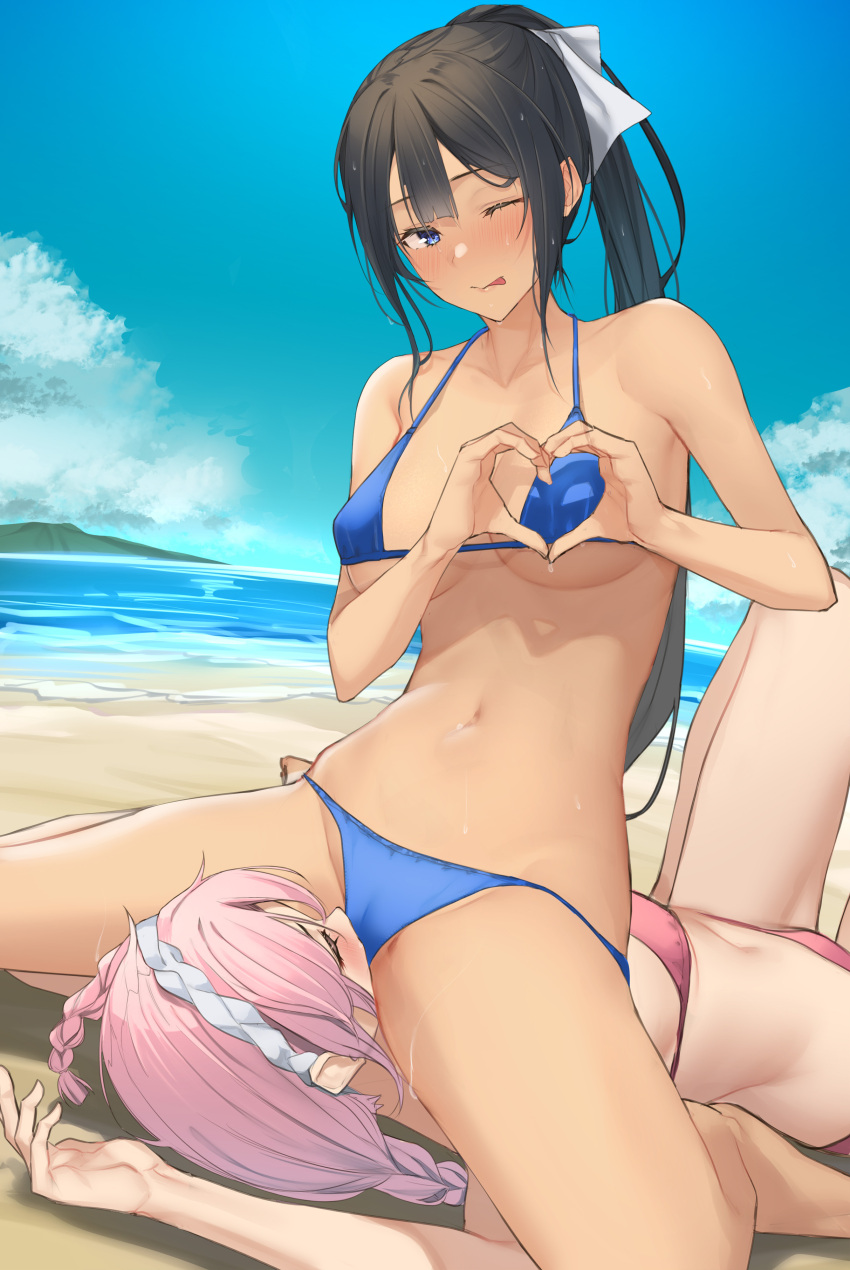 2girls :p absurdres bare_arms bare_legs bare_shoulders beach bikini black_hair blue_bikini blue_eyes blush breasts closed_eyes commission cunnilingus cunnilingus_through_clothes day hair_ornament hair_ribbon heart heart_hands highres large_breasts long_hair looking_at_viewer lying multiple_girls navel on_back one_eye_closed oral original outdoors pallad pink_bikini pink_hair ponytail ribbon sitting sitting_on_face sitting_on_person skeb_commission swimsuit tan tongue tongue_out underboob water white_ribbon yuri