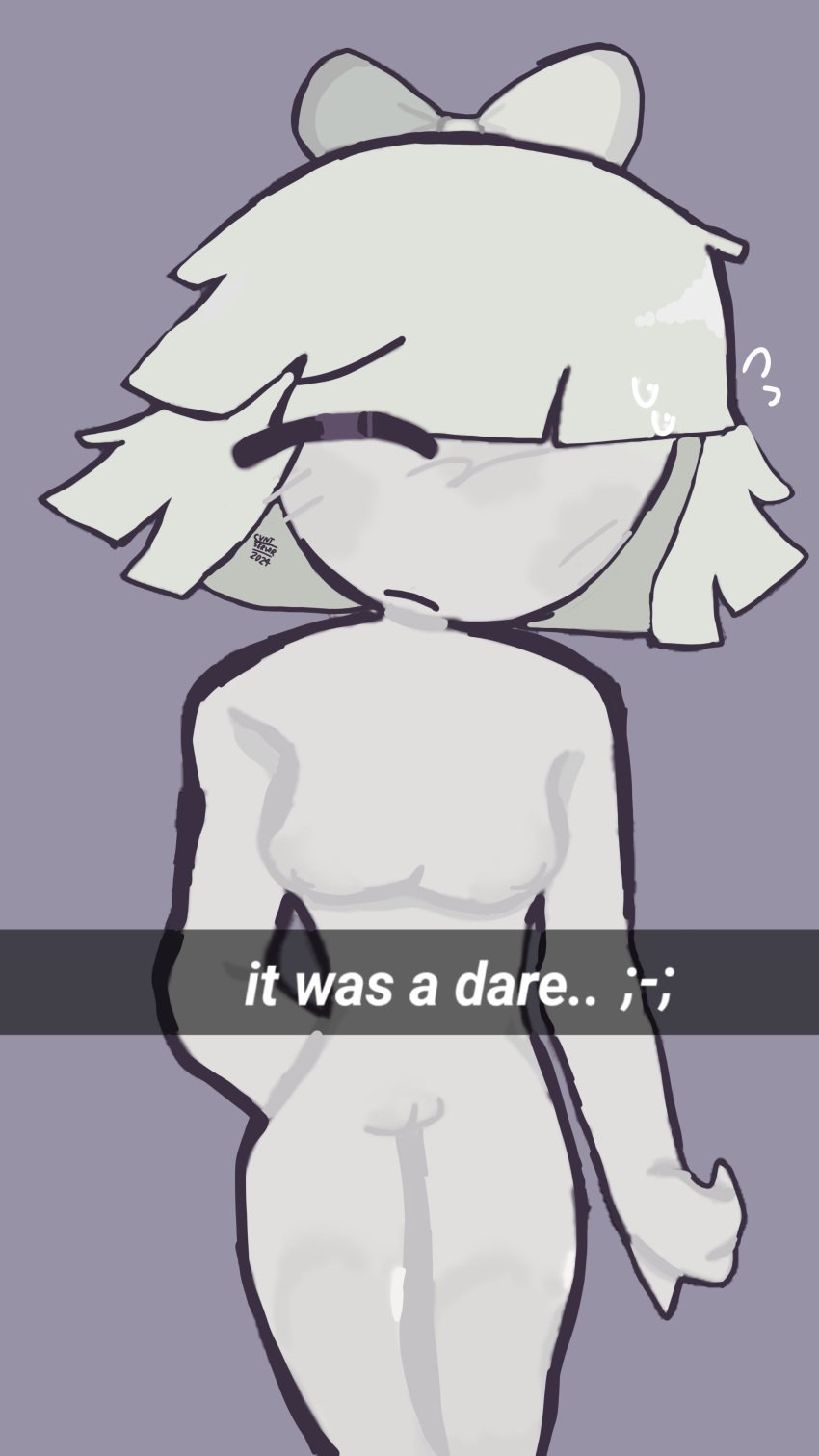 1girls 2024 ashamed bow claire_(fundamental_paper_education) closed_eyes female fundamental_paper_education ibispaintx instagram naked naked_female nude one_arm_behind_back short_hair social_media standing sweat truth_or_dare uncomfortable white_body white_hair white_skin