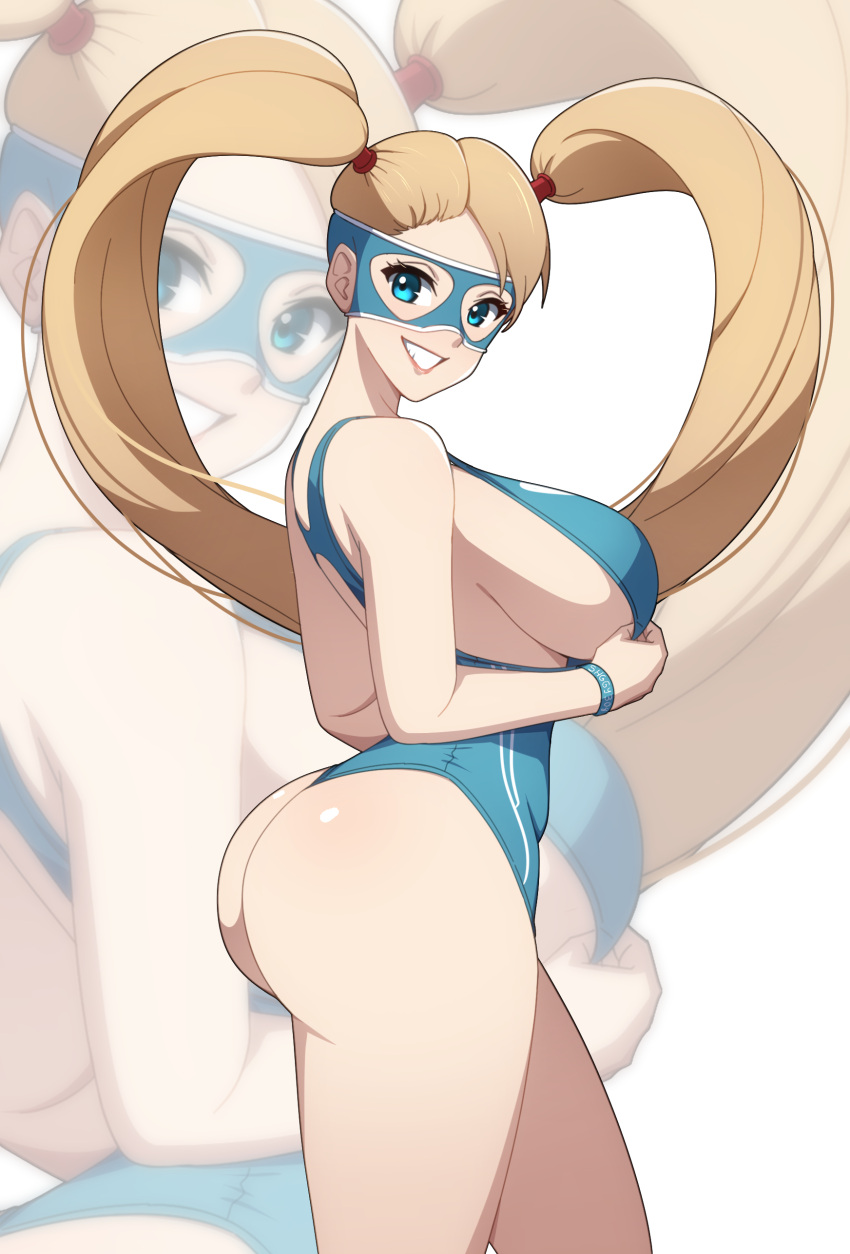 1girls ass big_ass big_breasts blonde_hair breasts commission commissioner_upload competition_swimsuit face_mask female high_resolution highres hips huge_ass huge_breasts kdtwifi looking_at_viewer plump_ass rainbow_mika sideboob solo_female street_fighter swimsuit swimsuit_pull thick_thighs thighs twintails white_skin