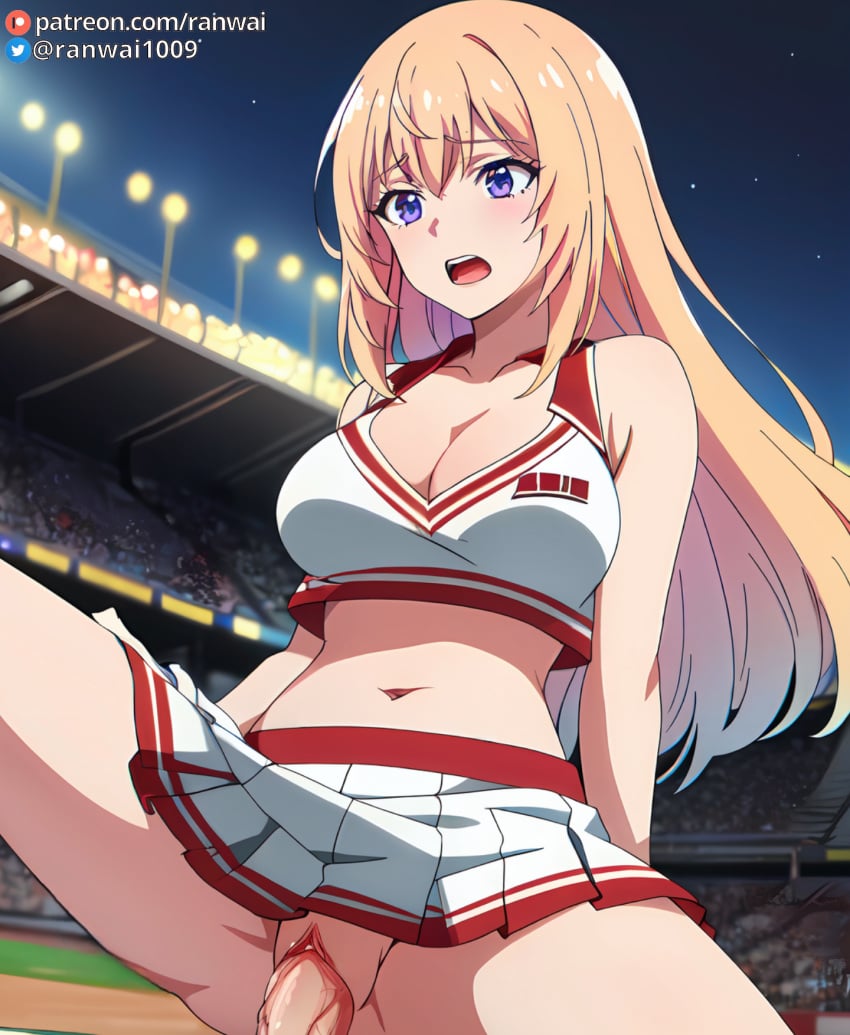 ai_generated anime blonde_hair bondage cheerleader cheerleader_uniform classroom_of_the_elite cowgirl_position ichinose_honami_(cote) large_breasts penis purple_eyes ranwai sex stable_diffusion youkoso_jitsuryoku_shijou_shugi_no_kyoushitsu_e