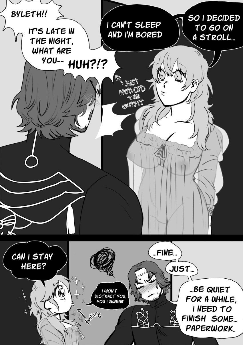 1boy 1girls ^^^ absurdres areolae arrow_(symbol) beard blush breasts byleth_(fire_emblem) byleth_(fire_emblem)_(female) coat comic commentary covered_nipples english_commentary english_text facial_hair female fire_emblem fire_emblem:_three_houses greyscale highres large_breasts long_hair long_sleeves looking_at_another monochrome nightgown nintendo nose_blush pout see-through seteth_(fire_emblem) short_hair sparkle squiggle surprised tentekel text wavy_mouth