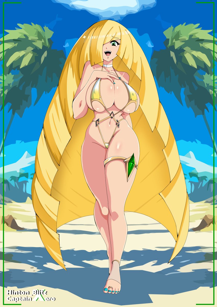 1girls alternate_version_available big_breasts blonde_hair blue_nail_polish blue_nails breasts capnxero cleavage feet female female_only full_body game_freak green_eyes hair hair_over_one_eye hinton_blitz hips huge_breasts legs long_hair lusamine_(pokemon) mature mature_female mature_woman micro_bikini milf mother nail_polish nails neckwear pokemon pokemon_sm skimpy skimpy_bikini sling_bikini smile solo solo_female thigh_strap thighs very_long_hair white_sling_bikini