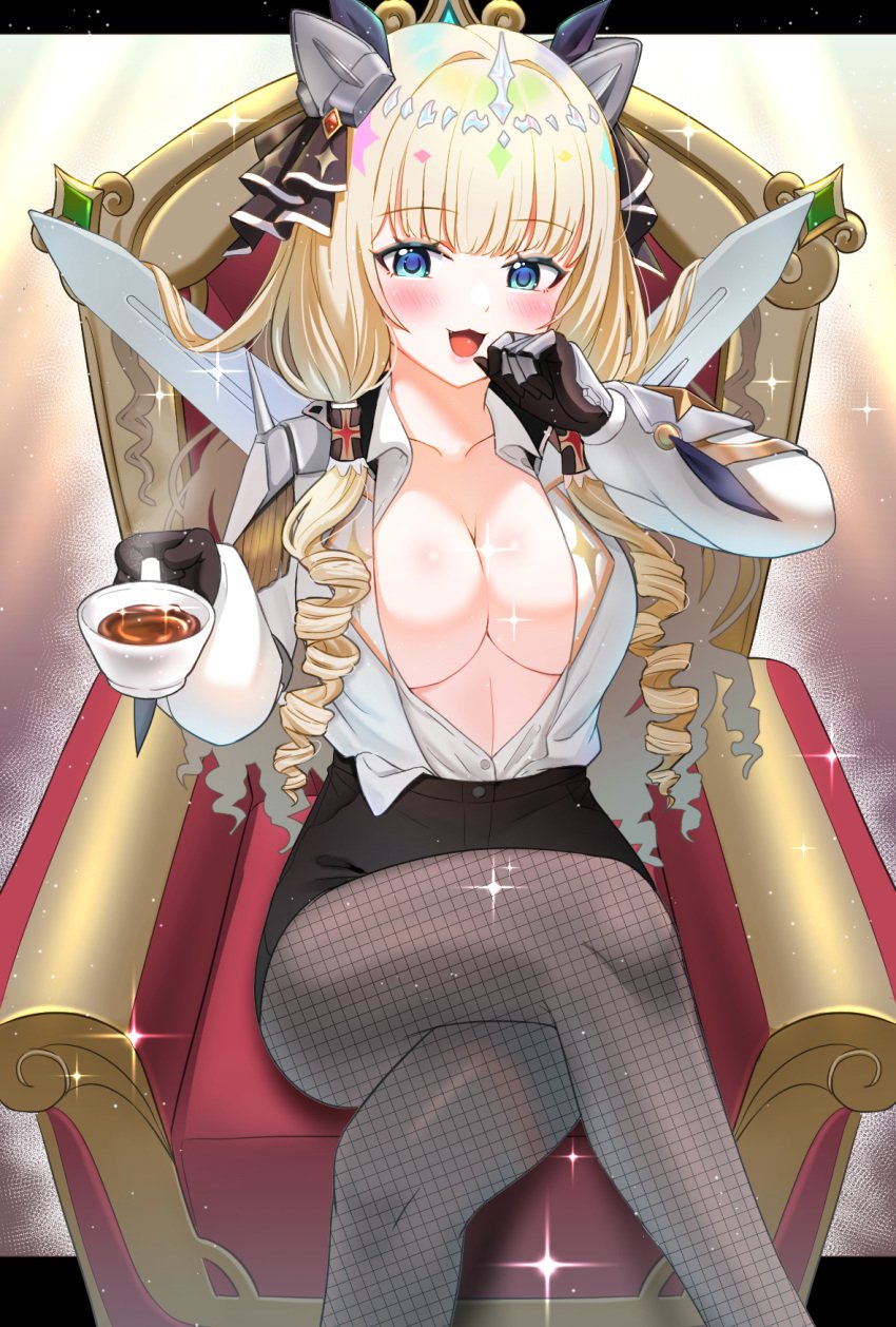 1girls big_breasts blonde_hair blue_eyes blush breasts chair cleavage clothed_female crown crown_(nikke) drill_hair eyebrows_visible_through_hair female_only fishnets gloves goddess_of_victory:_nikke hair_intakes hair_ornament highres holding_cup laugh light-skinned_female light_skin long_hair looking_at_viewer open_mouth open_shirt shirt shorts sitting sitting_on_chair teacup w_verne