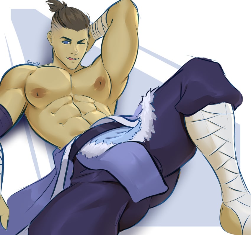 1boy abs armpit armpits artist_name blue_eyes brown_hair clothed gasaiv human male male_nipples male_only muscles muscular_male no_visible_genitalia nsfw one_eye_closed pecs ponytail smooth_skinned_male sokka solo tongue tongue_out topless_male yaoi