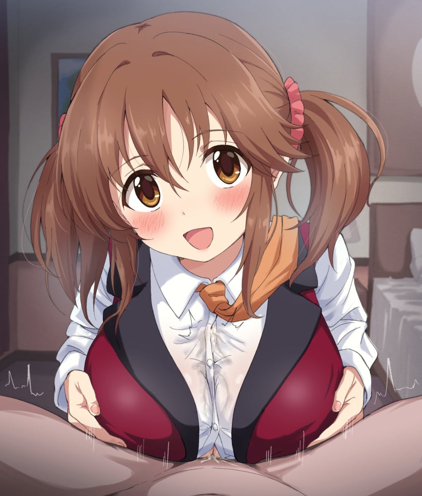 1boy :d blush breasts brown_eyes brown_hair clothed_female_nude_male eyebrows_visible_through_hair female hair_between_eyes hair_ornament hair_scrunchie highres idolmaster idolmaster_cinderella_girls indoors large_breasts looking_at_viewer necktie nude open_mouth orange_neckwear paizuri paizuri_under_clothes red_scrunchie royale_style_(idolmaster) scrunchie shirt sincos smile solo_focus straight totoki_airi twintails upper_body white_shirt