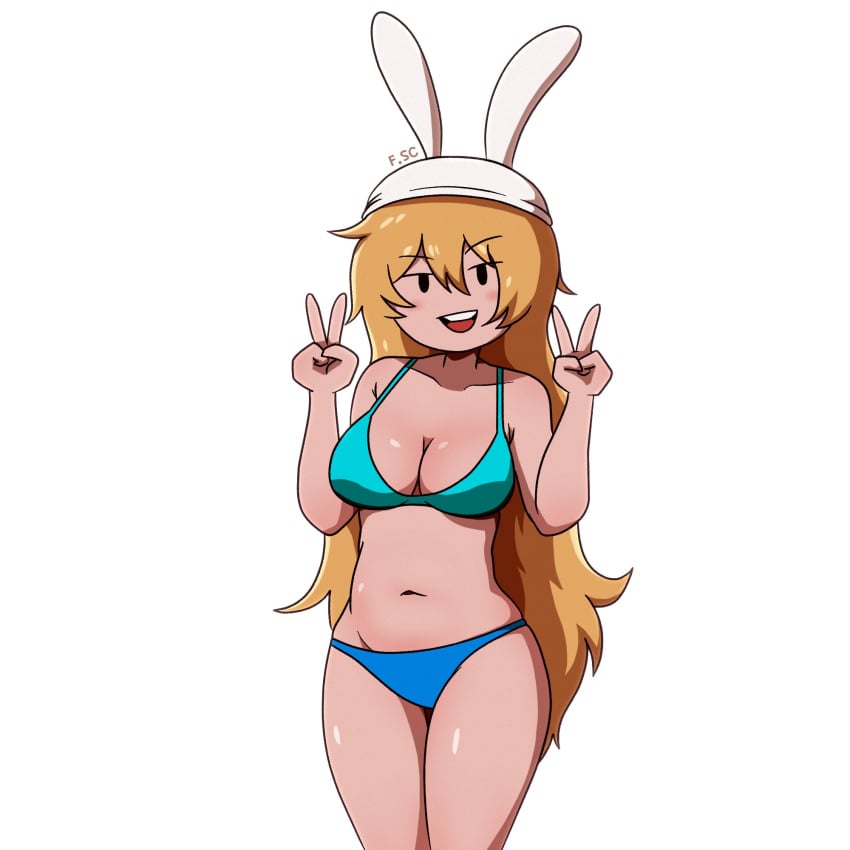 1girls adventure_time adventure_time:_fionna_&_cake bikini blonde_female blonde_hair blue_bikini bunny_ears double_v fionna_and_cake fionna_the_human_girl fizzyspidercider gesture half-closed_eyes hat light-skinned_female long_hair looking_at_viewer messy_hair navel peace_sign solo swimwear tagme v watermark white_hair