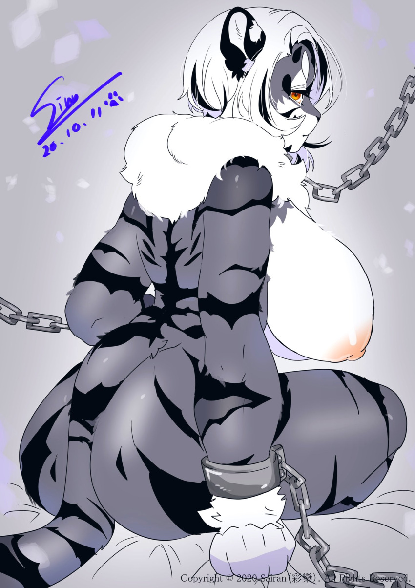 1girls back chained chains furry huge_breasts sirn sitting solo white_hair