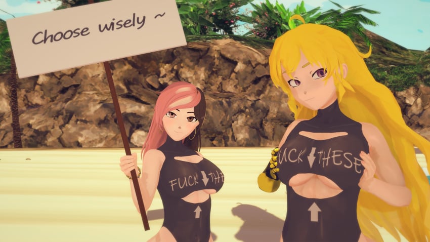 2girls 3d blonde_female blonde_hair cleavage_cutout fuck-me_shirt fuck_me_(text) heterochromia indrick_[artist] long_hair long_hair_female multicolored_hair neo_(rwby) purple_eyes rwby sign writing yang_xiao_long