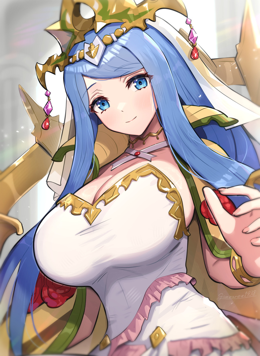 1girls absurdres blue_eyes blue_hair blurry blurry_background bracelet breasts choker cleavage closed_mouth commentary_request dress female female_only fire_emblem fire_emblem_engage gonzarez headpiece highres jewelry large_breasts long_hair looking_at_viewer lumera_(fire_emblem) nintendo smile solo white_dress yellow_choker