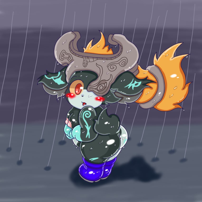 absurd_res alternate_species anthro aramatchan ass boots breasts clothing female footwear furry hi_res imp_midna midna nintendo raining solo the_legend_of_zelda twilight_princess