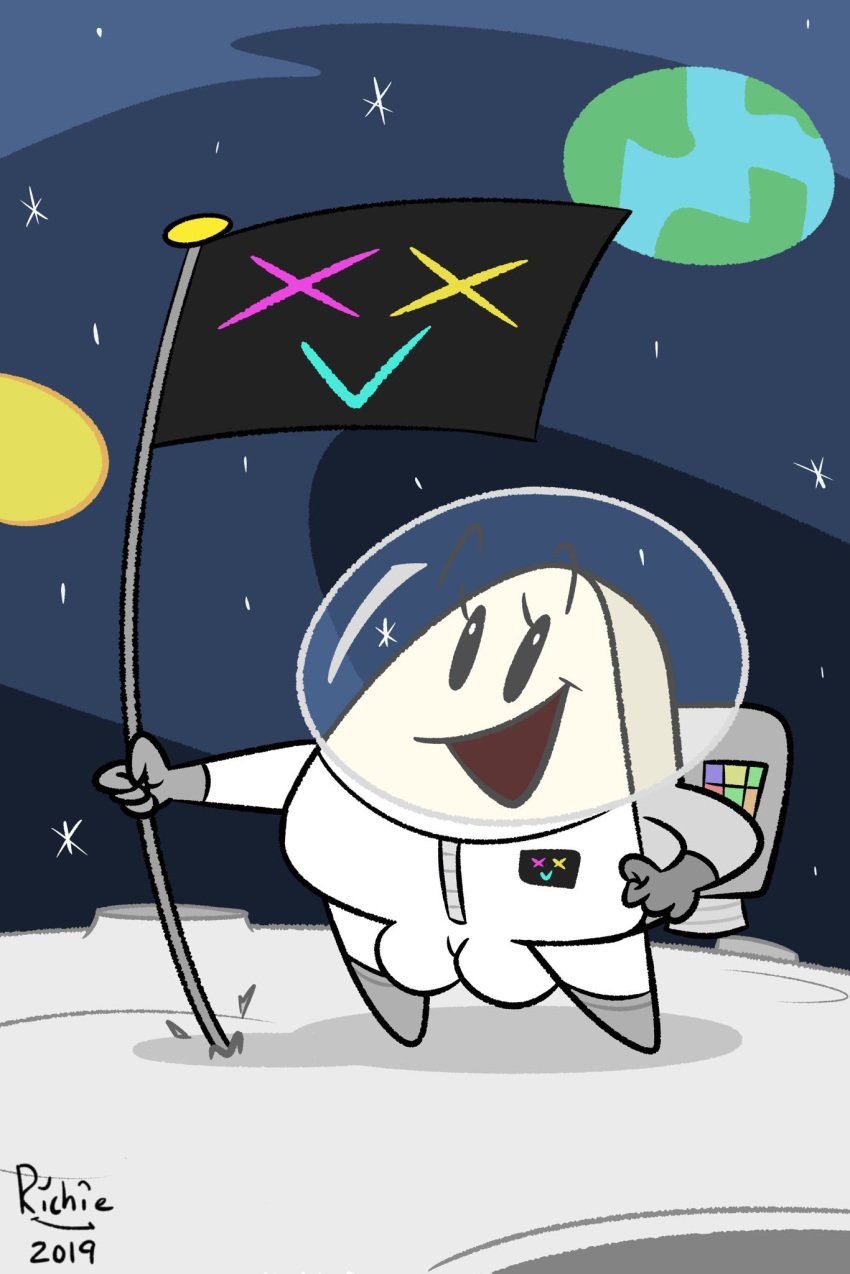 2019 animate_inanimate astronaut big_pussy cameltoe cute earth exed_eyes female female_only flag flat_chest food_creature happy helmet holding_object huge_pussy inanimate jelly_filled_donut male_focus moon onigiri outer_space pafu pafu_(exed_eyes) planet plump_labia proud puffy_pussy rice smileydickie solo solo_female space sun waddling_head weird