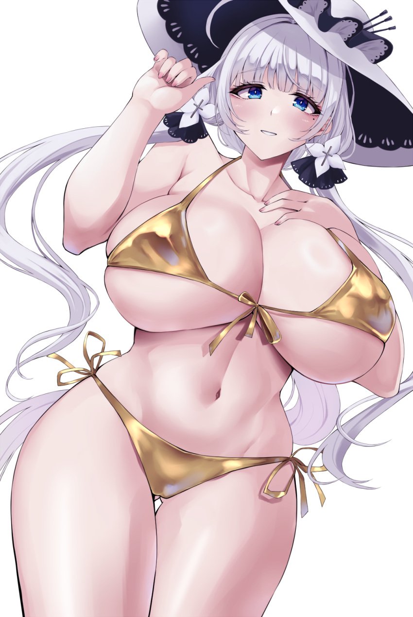 alternate_costume azur_lane bikini blue_eyes blush breasts collarbone female gluteal_fold gold_bikini hair_ornament hands_up hat highres illustrious_(azur_lane) large_breasts long_hair mole mole_under_eye nail_polish navel painted_nails parted_lips sideboob simple_background skindentation smile solo stomach swimsuit thigh_gap thighs underboob wee_(weeyy) white_background white_hair white_hat