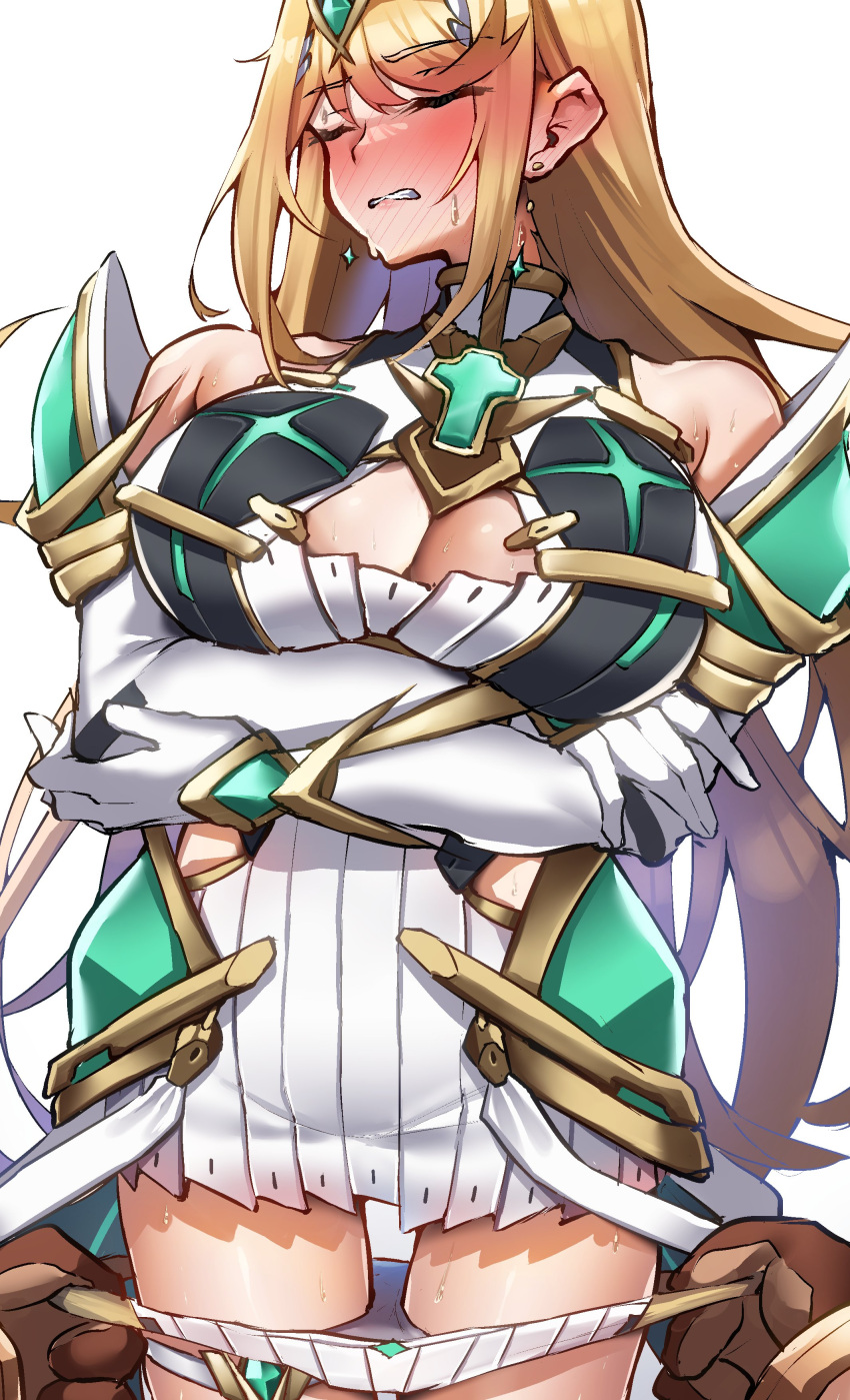 big_breasts blonde_hair blush breasts closed_eyes female female_focus long_hair mythra nintendo panties removing_panties rex_(xenoblade) sabanomi_soni xenoblade_(series) xenoblade_chronicles_2