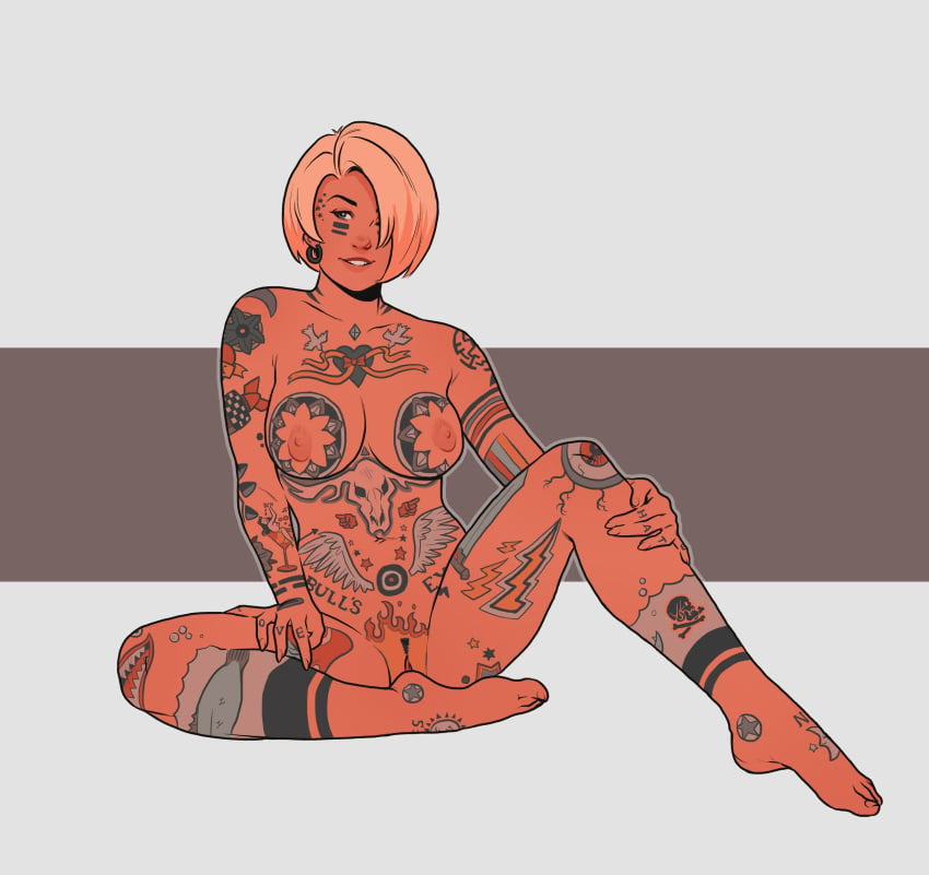 1girls barefoot carly_(numitor) full_body medium_breasts numitor short_hair sitting smile solo tattoo tattoos