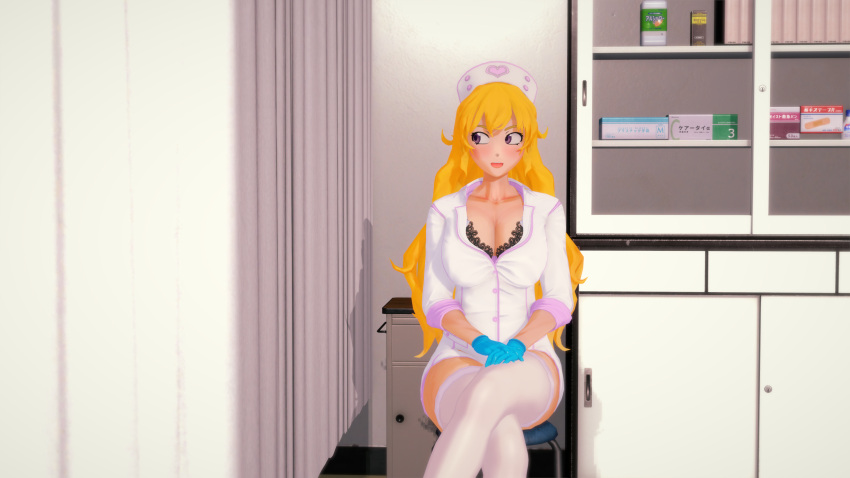 1girls blonde_female blonde_hair cleavage clothed_female indrick_[artist] long_hair long_hair_female nurse_cap nurse_uniform rwby solo_female yang_xiao_long