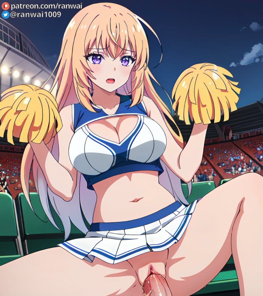 ai_generated anime blonde_hair cheerleader cheerleader_uniform classroom_of_the_elite cowgirl_position ichinose_honami_(cote) large_breasts purple_eyes ranwai sex stable_diffusion youkoso_jitsuryoku_shijou_shugi_no_kyoushitsu_e