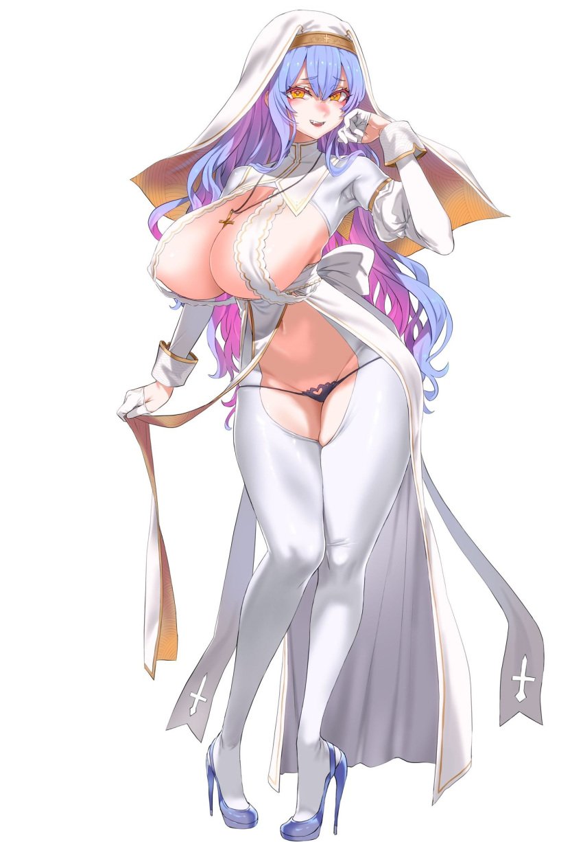 1girl asanagi breasts cleavage cleavage_cutout cross crotch_cutout female female_only habit heels high_heels highres huge_breasts light_skin long_sleeves looking_at_viewer nun nun's_habit open_mouth original panties pelvic_curtain pelvic_curtain_lift pink_hair purple_hair revealing_clothes smile solo standing stiletto_heels two_tone_hair underwear very_high_heels yellow_eyes