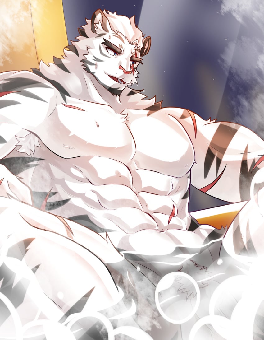 1boy abs animal_ears anthro arknights armpit_hair armpit_hair_peek bara bathtub completely_nude convenient_censoring facial_hair flaccid from_below furry furry_male goatee highres ipyeonham large_pectorals looking_to_the_side male_focus male_only mountain_(arknights) muscular muscular_male nude pectorals penis scar scar_across_eye scar_on_arm short_hair soap_bubbles soap_censor solo thick_eyebrows tiger_boy tiger_ears white_hair