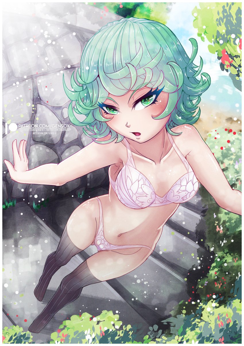 1girls absurd_res bra breasts from_above gensox green_eyes green_hair hi_res highleg_panties lingerie looking_at_viewer matching_hair/eyes midriff navel one-punch_man outdoors panties parted_lips patreon_username pink_bra pink_panties short_hair small_breasts socks solo standing tatsumaki thighhighs variant_set