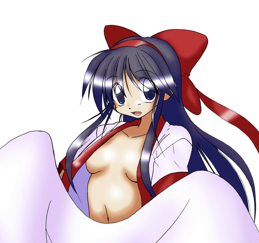 1girls ainu_clothes blue_eyes blue_hair breasts cleavage hair_ribbon highres king_of_fighters long_hair looking_at_viewer medium_breasts nakoruru navel no_bra open_clothes open_mouth ribbon samurai_shodown smile snk solo