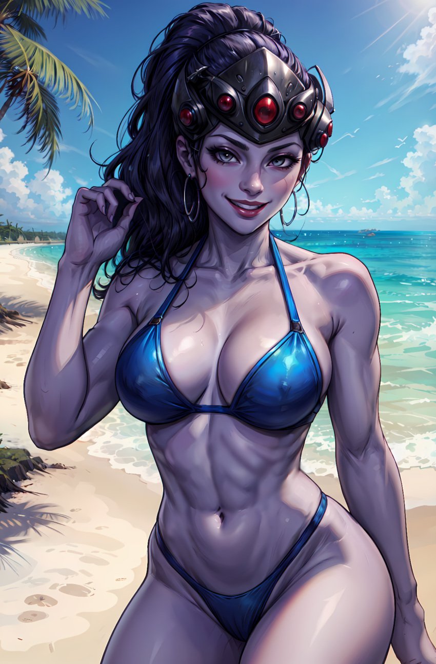 ai_generated amelie_lacroix ass athletic_female big_ass big_breasts bikini blizzard_entertainment breasts cote_d'azur_widowmaker huge_ass large_ass overwatch overwatch_2 purple_hair purple_skin solo swimsuit thick_thighs vitoryt widowmaker