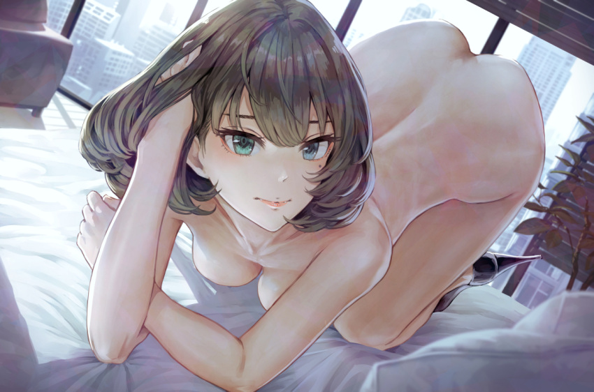 1girls ass bangs black_footwear blue_eyes blush breasts brown_hair city collarbone day female green_eyes hand_in_hair heterochromia high_heels idolmaster idolmaster_cinderella_girls indoors kaoming looking_at_viewer medium_breasts mole mole_under_eye naked_footwear naked_heels nude on_bed short_hair smile solo takagaki_kaede top-down_bottom-up window