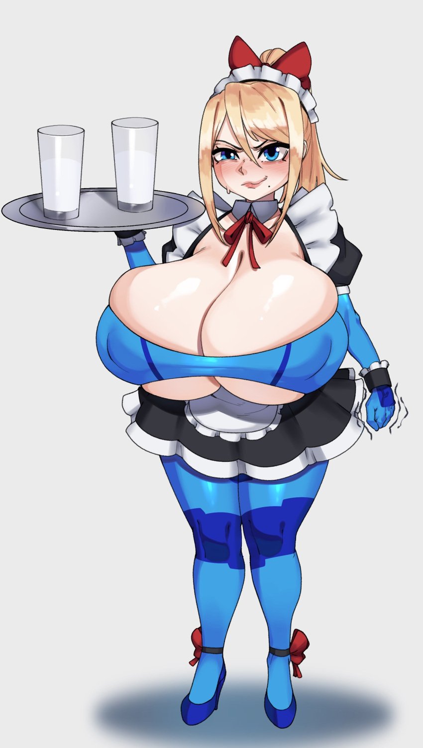 after_transformation blonde_hair blue_eyes embarrassed fair_skin fist_clenched flustered huge_breasts humiliated implied_transformation maid permanent permanent_transformation samus_aran short shortstack shortstackification simple_background strongmoist white_background