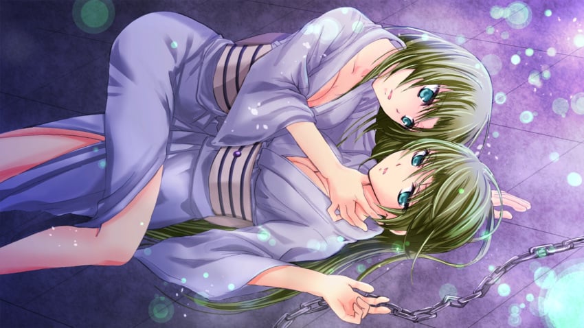 07th_expansion 2girls breasts chains cleavage collarbone female/female green_eyes green_hair hair_down hand_on_another&#039;s_neck higurashi_no_naku_koro_ni houjou_yutori incest japanese_clothes kimono large_breasts long_hair looking_at_another looking_to_the_side lying mion_sonozaki multiple_girls neck_grab obi official_art on_back parted_lips sash shion_sonozaki siblings sisters straddling twincest twins white_kimono wide_sleeves yuri