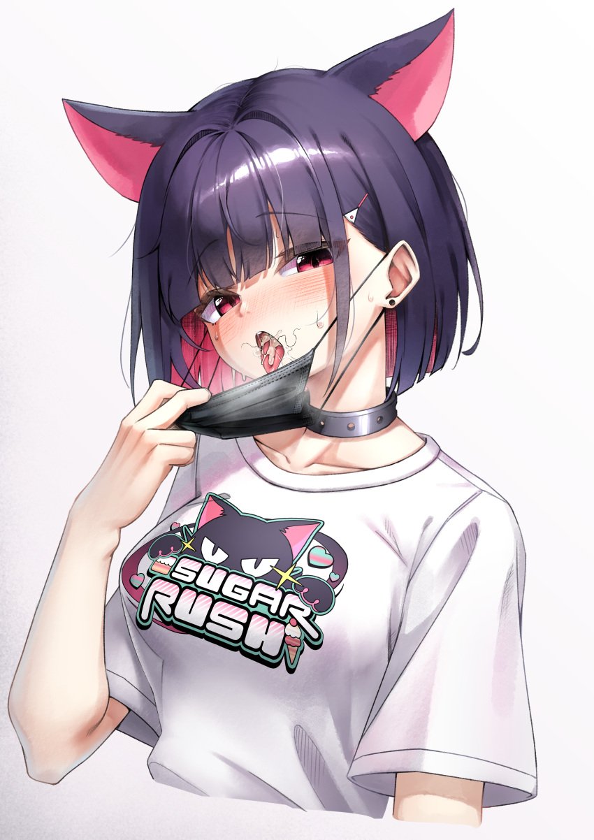 absurdres animal_ears black_hair blue_archive blush cat_ears colored_inner_hair cropped_torso cum cum_in_mouth cum_on_tongue earrings female hair_ornament hairclip hapy_(parkhyunjae9494) highres jewelry kazusa_(band)_(blue_archive) kazusa_(blue_archive) looking_at_viewer mask mask_pull mouth_mask multicolored_hair open_mouth pink_hair pulled_by_self red_eyes shirt short_hair short_sleeves simple_background solo stray_pubic_hair stud_earrings surgical_mask t-shirt tongue tongue_out upper_body white_background white_shirt