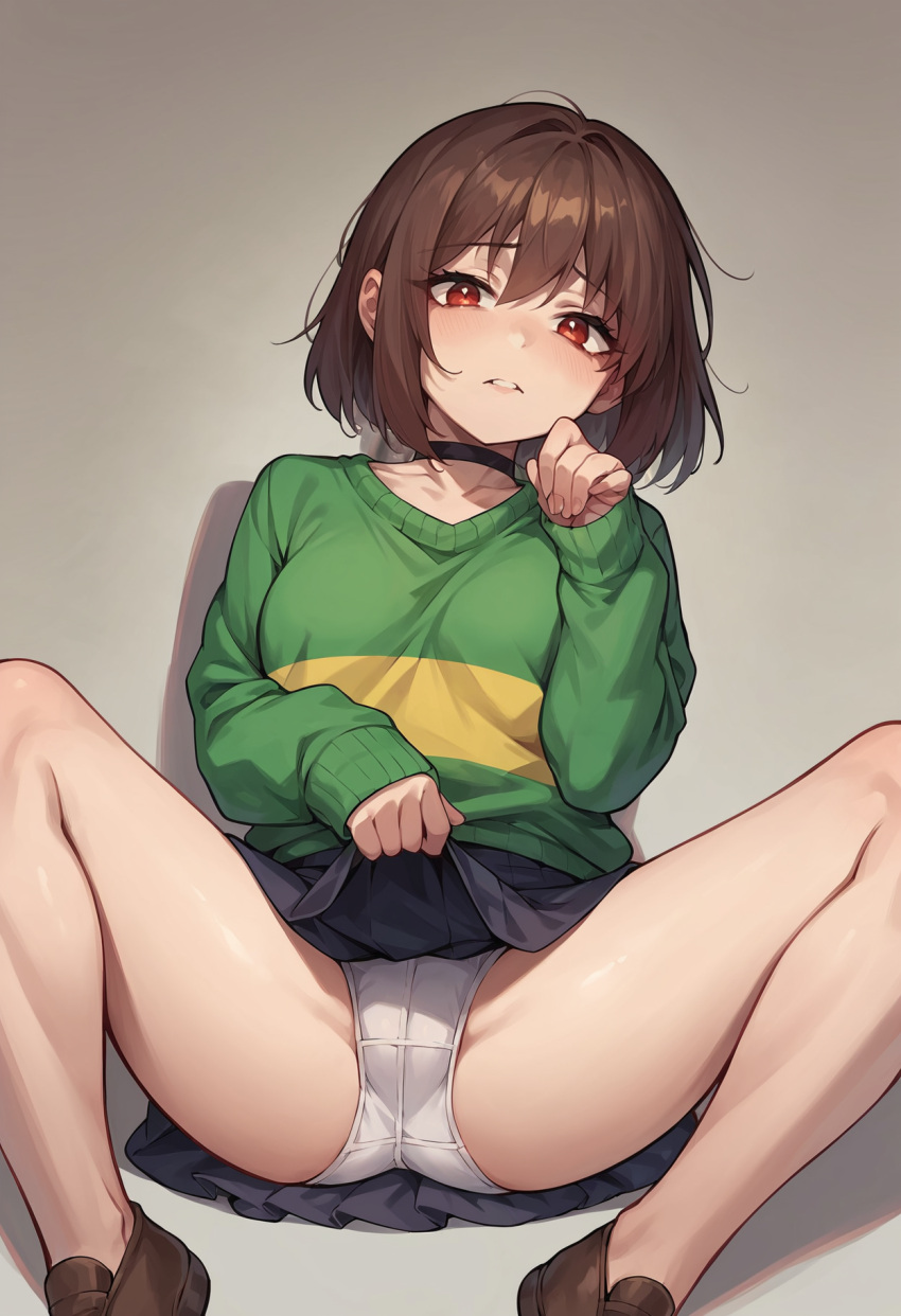 ai_generated chara choker clothed cute female female_only lifting_skirt lifting_up panties showing_off showing_panties shy skirt spreading_legs undertale