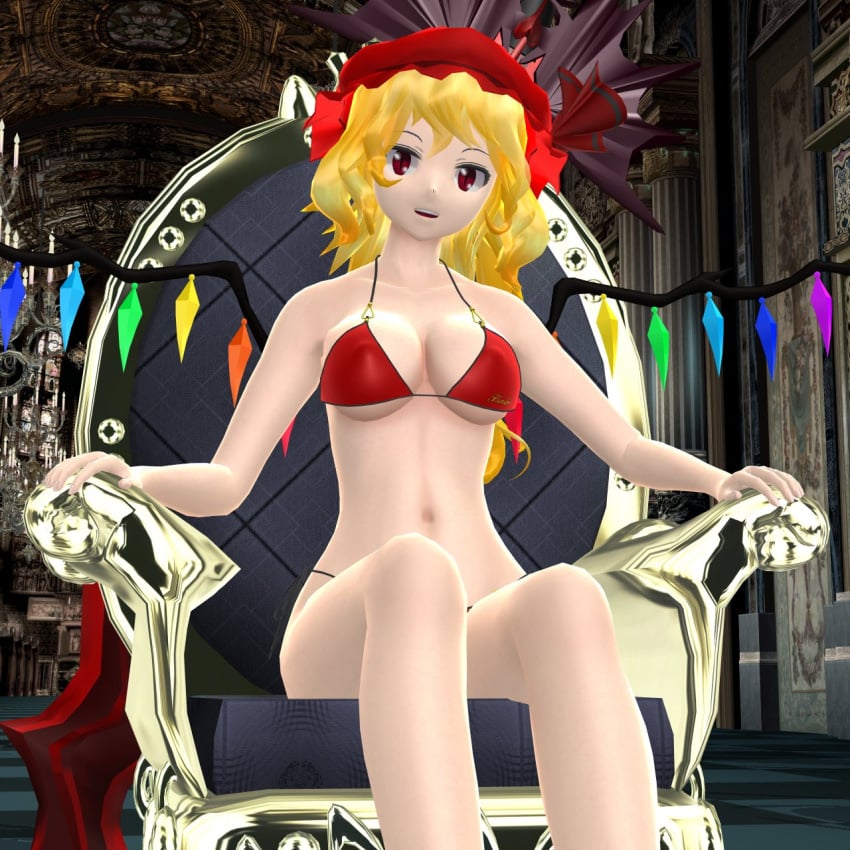 1girls 2024 3d_(artwork) bikini blonde_hair crystal_wings embodiment_of_scarlet_devil flandre_scarlet hati_yukkuri_mmd indoors light-skinned_female looking_at_viewer mansion mmd mob_cap ornate red_bikini red_eyes red_ribbon sitting_on_chair solo_female solo_focus swimsuit touhou vampire_girl