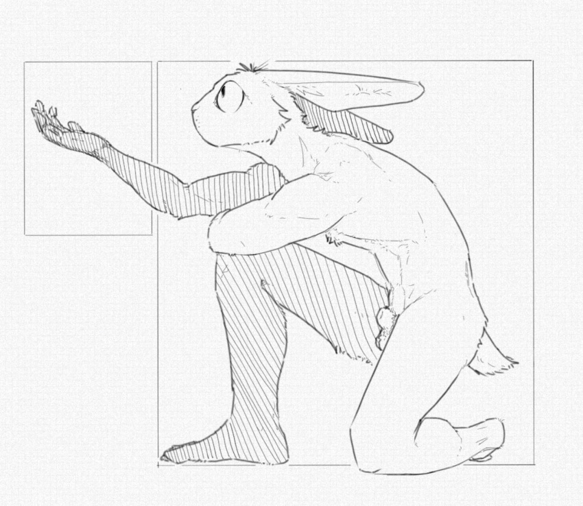 animal_genitalia anthro balls barefoot biped black_and_white cotton_tail digital_media_(artwork) feet fur genitals geometric_background hi_res kneeling kneeling_on_one_leg lagomorph leporid male male_anthro mammal monochrome nude nude_anthro nude_male open_palm rabbit resrabbutt shaded sheath simple_background simple_shading solo white_body white_fur