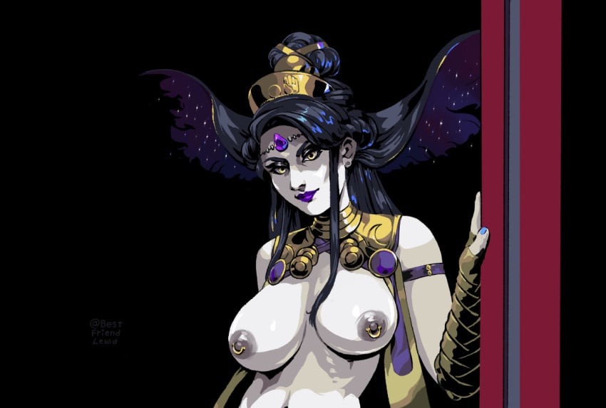 1girls bestfriendlewd hades_(game) jewelry nipple_piercing nyx nyx_(hades) purple_lipstick tagme topless