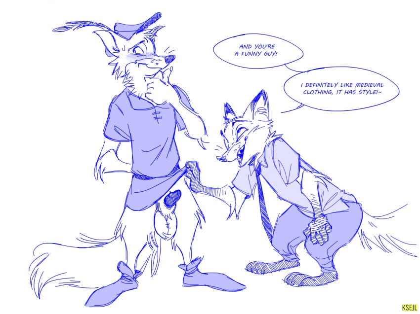 anthro balls big_balls bottomless bottomwear canid canine clothed clothing clothing_lift disney duo fox genitals hi_res ksejl male male/male male_only mammal nick_wilde robin_hood simple_background skirt skirt_lift white_background zootopia