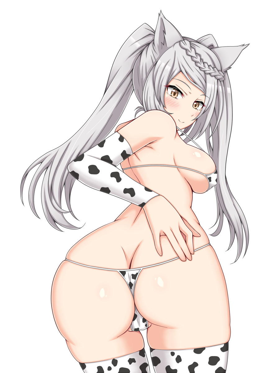 ass big_ass cow_bikini cow_print fraux granblue_fantasy hand_on_ass large_ass leggings looking_at_viewer looking_back micro_bikini presenting presenting_hindquarters smile suzuka_iz suzukaze_izu wolf_girl yakuryo year_of_the_ox