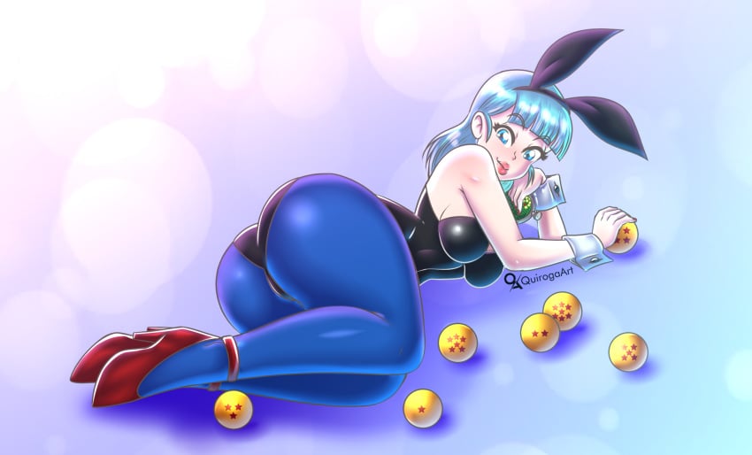 1girls ass big_ass blue_pantyhose bowtie breasts bulma_(bunny) bulma_briefs bunny_costume bunny_ears bunny_girl bunnysuit detached_collar dragon_ball dragon_ball_(classic) dragon_ball_(object) dragon_radar female female_only fully_clothed high_heels leotard pantyhose quirogaart shounen_jump solo teenager thick_thighs wide_hips wrist_cuffs