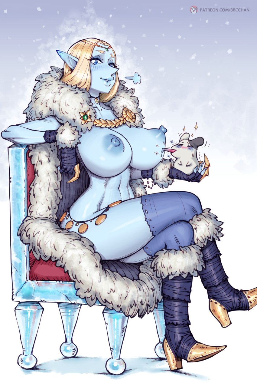 artist_name bbc-chan black_footwear black_gloves blonde_hair blue_eyes blue_nipples blue_skin blue_thighhighs boots breasts cape chair colored_nipples colored_skin crossed_legs eira_lumidelle elf female fingerless_gloves full_body fur-trimmed_cape fur-trimmed_footwear fur_trim gloves hamster high_heel_boots high_heels highres large_breasts long_hair navel nipples original patreon_username pointy_ears pointy_nose sitting solo thighhighs web_address