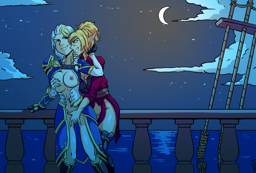 2girls blizzard_entertainment blonde_hair blood_elf fingering human human_(world_of_warcraft) inkeranon jaina_proudmoore light-skinned_female light_skin multicolored_hair multiple_girls warcraft white_hair world_of_warcraft yuri