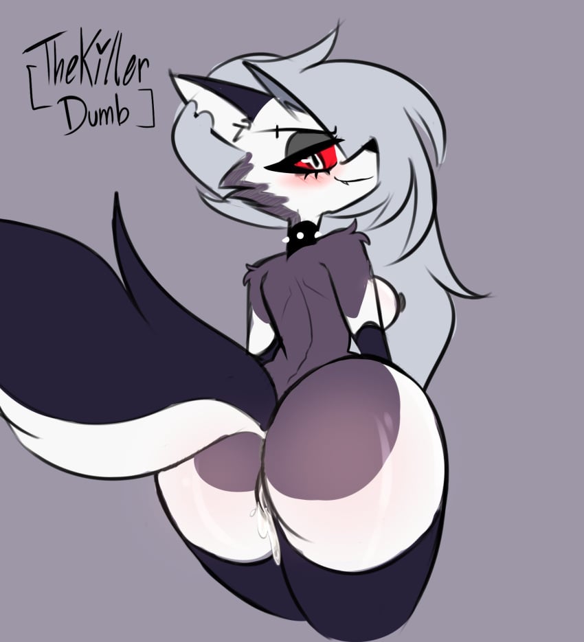 anthro areola armwear ass big_butt black_armwear black_body black_clothing black_fur black_legwear black_thigh_highs blush bodily_fluids bottom_heavy breasts canid canid_demon canine clothing collar cum cum_in_pussy cum_inside demon eyelashes female fur genital_fluids genitals grey_areola grey_background grey_body grey_fur grey_hair grey_nipples hair hellhound helluva_boss hi_res huge_butt leaking_cum legwear long_hair looking_at_viewer looking_back looking_back_at_viewer loona_(helluva_boss) mammal mythological_canine mythological_creature mythology nipples nude pussy rear_view red_sclera simple_background smile solo spiked_collar spikes thekillerdumb thick_thighs thigh_highs white_body white_eyes white_fur wide_hips