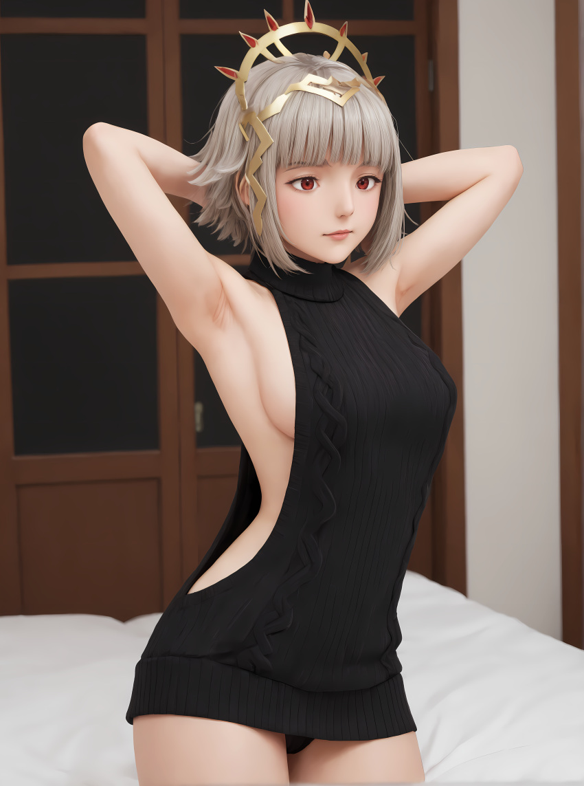 1girl 1girls ai_generated armpit armpits bed black_sweater black_underwear crown fire_emblem fire_emblem_heroes hairy_armpits hands_behind_head red_eyes shiroppo sideboob silver_hair solo solo_female solo_focus veronica_(fire_emblem) veronica_(princess_rising)_(fire_emblem) virgin_killer_sweater